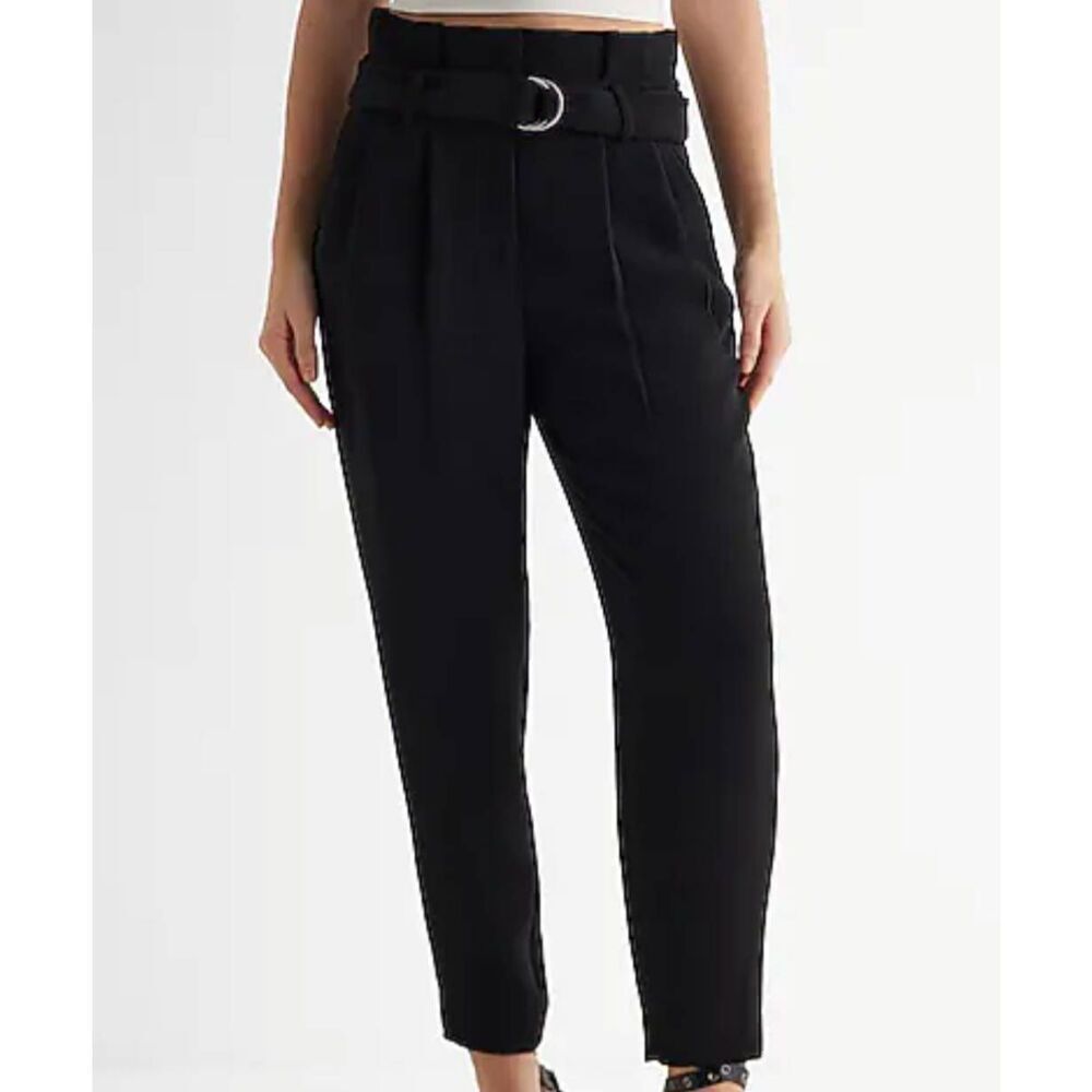 NWT Express Pants Women's 8 Black Stylist High Rise Belted Paperbag Ankle